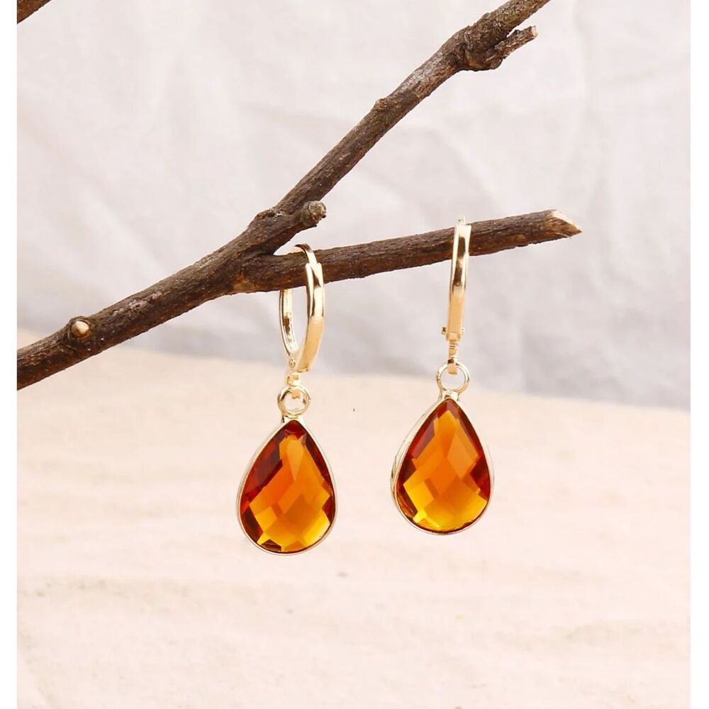 Amber Teardrop Zirconia Crystal Drop Hoop Earring Gold Dangle Gemstone Pendant